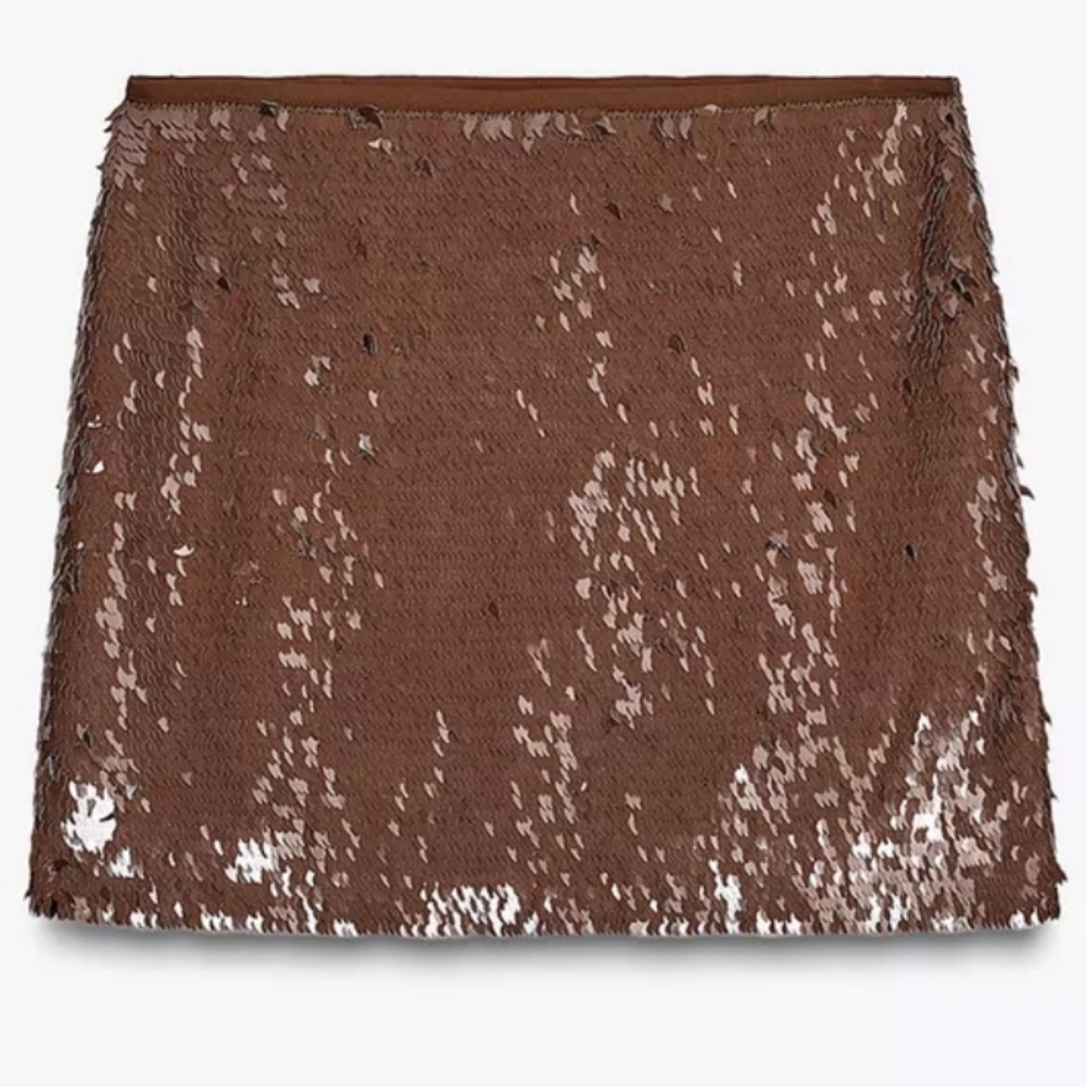 Zara SEQUIN MINI SKIRT BROWN - Picture 10 of 16